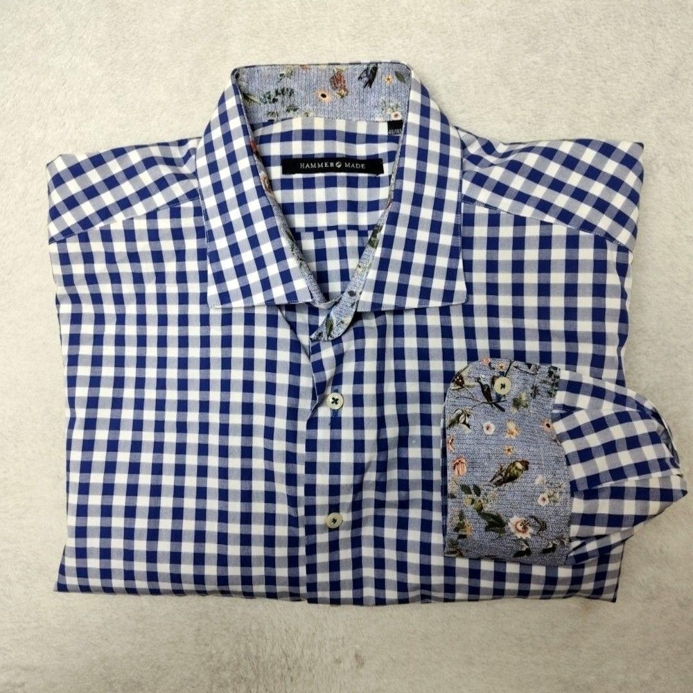 Hammer Made Shirt Mens 18.5 Blue Check Button-Up Long Sleeve Flip Cuff Bird